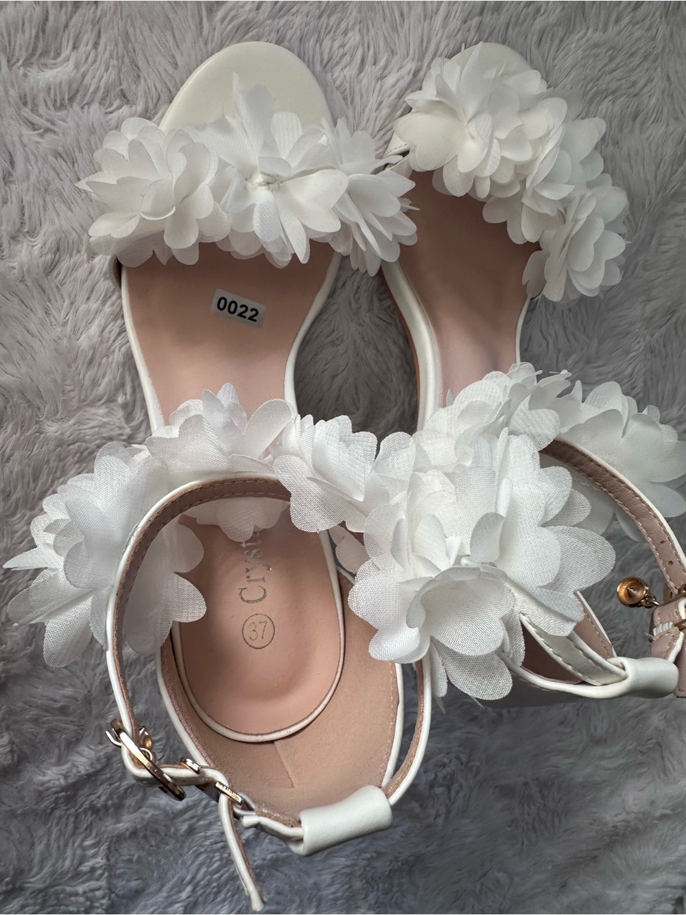 White Floral Slide Heels with Ankle Strap